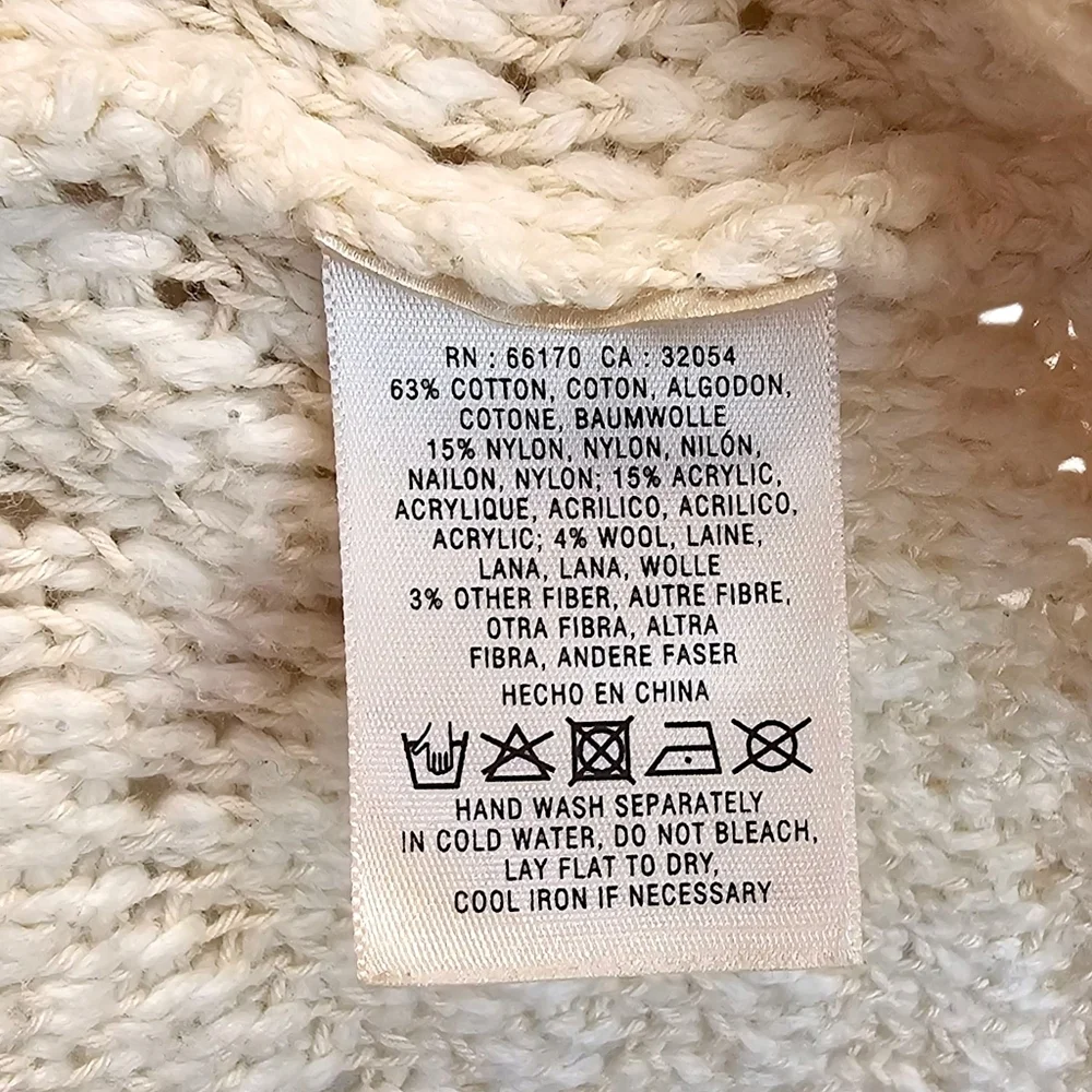 Angel of the North Fringe Cardigan Ivory Knit Boho Chevron Open Front Sweater M